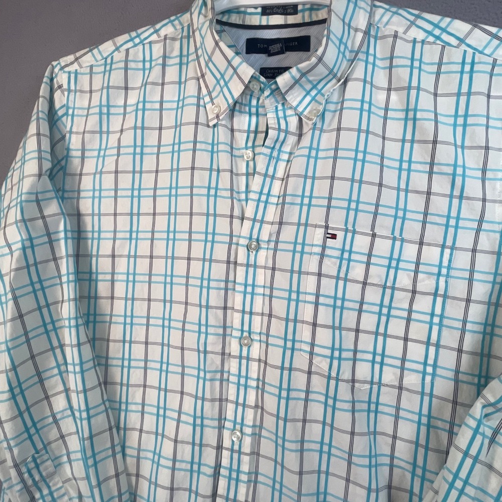 Tommy Hilfiger Button Down Mens L White Turquoise Plaid Custom Fit Cotton Shirt
